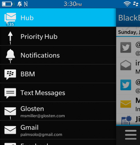 comunicaciones en blackberry hub
